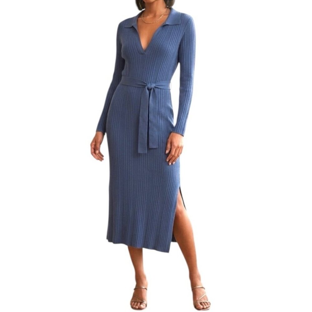 Vici Blue Ribbed Long Sleeved Belted Business Casual Sweater Dress Size XL